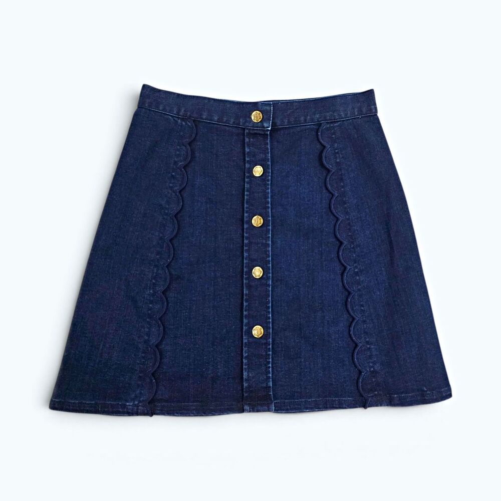 Draper James Blue Denim A-Line Short Skirt Scalloped Button Front Size 4